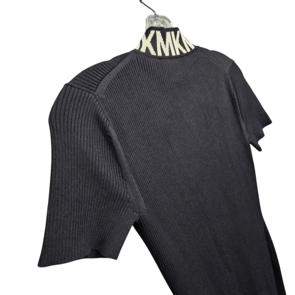 Nwot Michael Kors Black Ribbed Knit MK Logo Neckline Shortsleeve Zipfront Dress - Picture 15 of 17